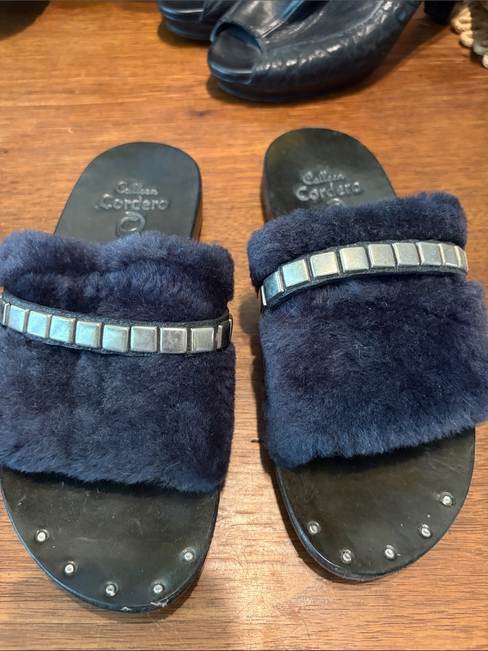 Calleen Cordero Navy Faux Fur Slide Sandals with Metallic Accent